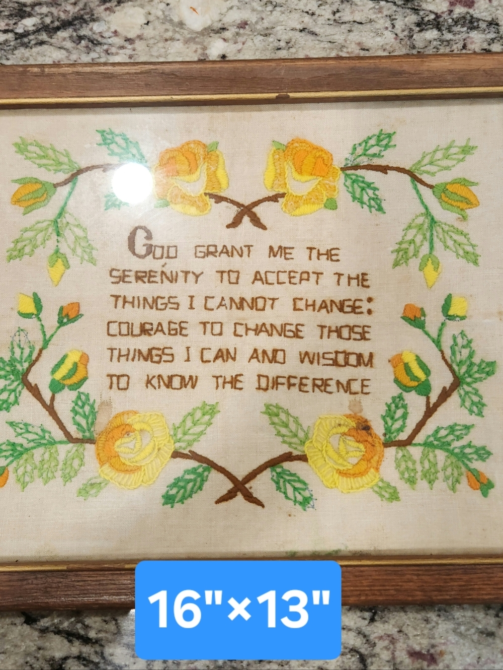 Framed Embroidered Serenity Prayer with Yellow Rose Motif